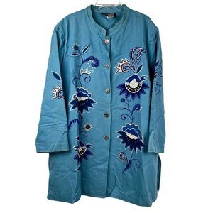 Indigo Moon Floral Button Up Long Jacket 3X